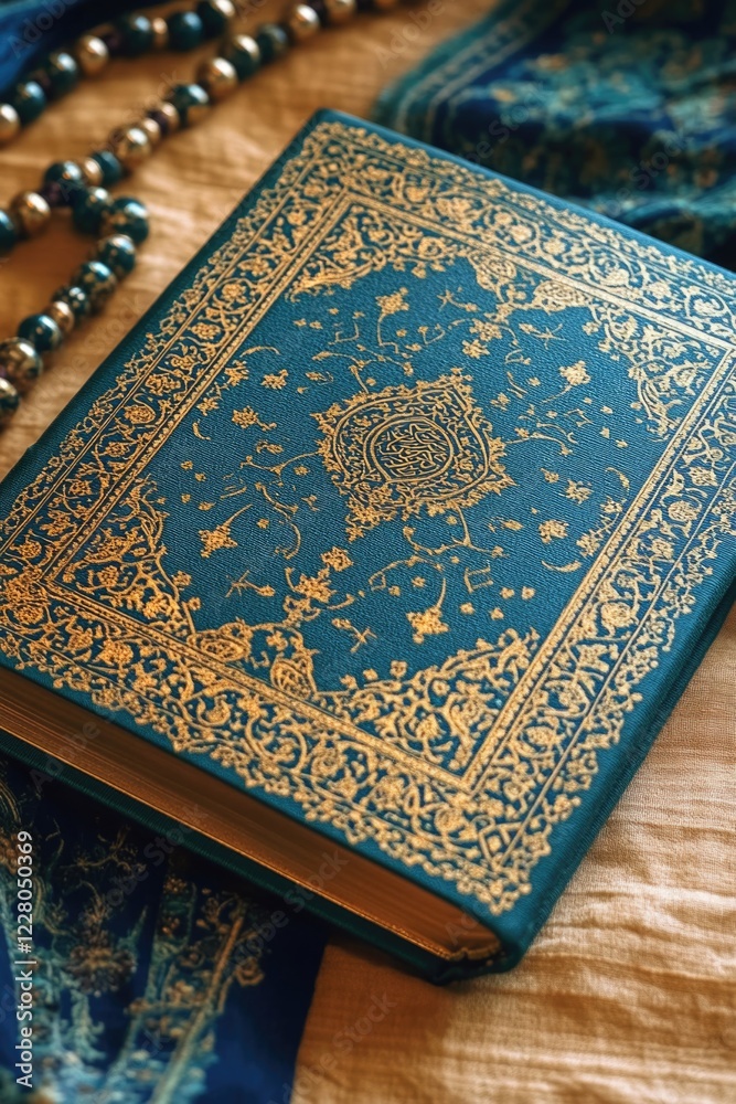 Fototapeta premium Decorative antique book with blue cover, featuring ornate designs and embossed patterns. Resting on beaded rosary.