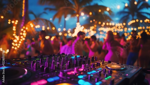 Tropical Night Party: DJ Console at Beach Party under the Palm Trees