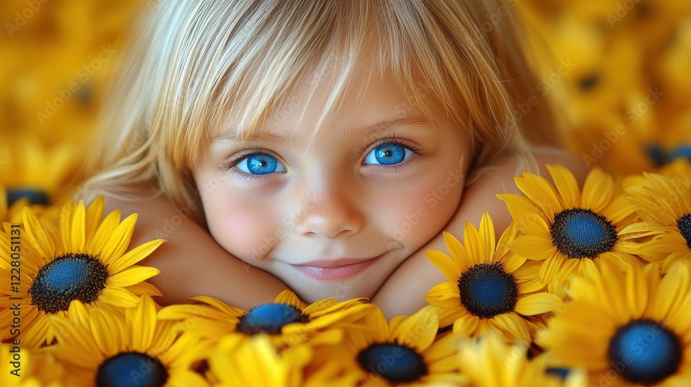 A young girl with blonde hair and blue eyes rests her chin on her hands, surrounded by vibrant yellow sunflowers under clear blue skies. She beams with happiness in this joyful setting A young girl with blonde hair and blue eyes rests her chin on her hands, surrounded by vibrant yellow sunflowers under clear blue skies. She beams with happiness in this joyful setting