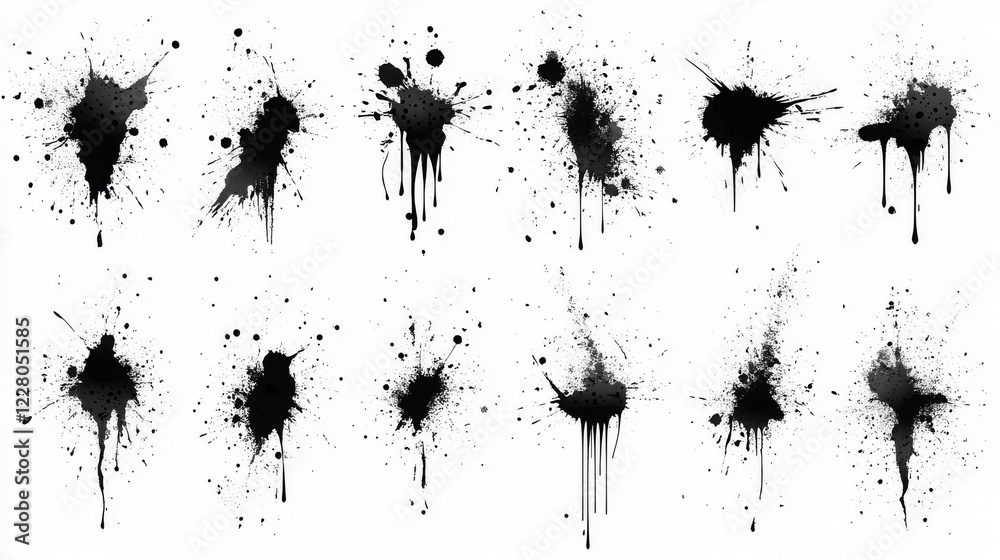 Fototapeta premium Black ink splashes isolated on white background. Grunge vector elements