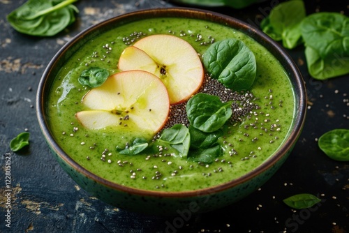 Delicious apple and spinach green smoothie in a bowl, topped with granola, ready to enjoy. photo