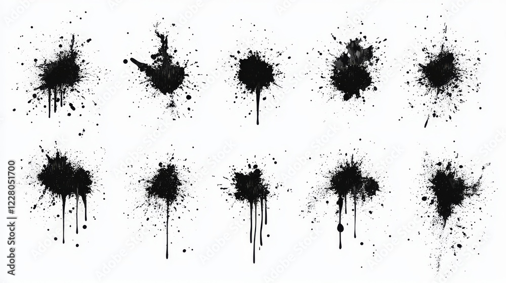 Fototapeta premium Black ink splashes isolated on white background. Grunge vector elements