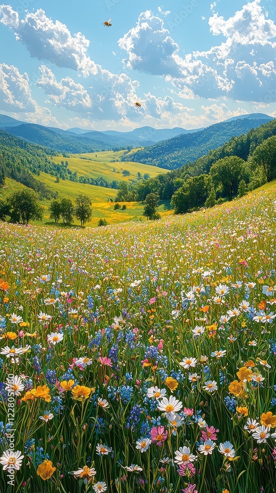 Obraz premium A vibrant meadow filled with colorful wildflowers under a bright sky.