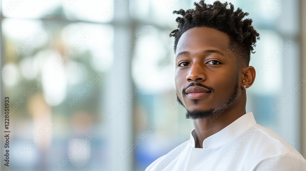 A young man stands confidently with a stylish haircut, wearing a modern outfit in a brightly lit indoor space. Natural light illuminates his features, enhancing the atmosphere A young man stands confidently with a stylish haircut, wearing a modern outfit in a brightly lit indoor space. Natural light illuminates his features, enhancing the atmosphere