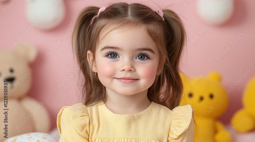 A cheerful young girl with pigtails is smiling warmly in a brightly decorated room. Soft lighting highlights her joyful expression against a pastel backdrop filled with cute stuffed animals A cheerful young girl with pigtails is smiling warmly in a brightly decorated room. Soft lighting highlights her joyful expression against a pastel backdrop filled with cute stuffed animals