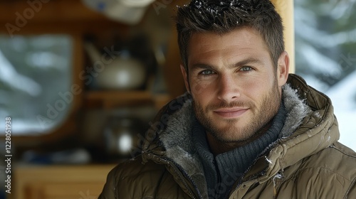 A man wearing a warm brown jacket and gray sweater stands inside a wooden cabin. Snowflakes rest on his shoulders, highlighting the cold winter atmosphere outside while he smiles contentedly photo