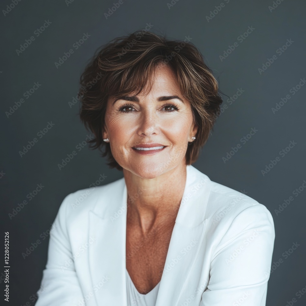 Senior executive woman with short brown hair, wearing a crisp white blazer, poised and commanding presence Senior executive woman with short brown hair, wearing a crisp white blazer, poised and commanding presence
