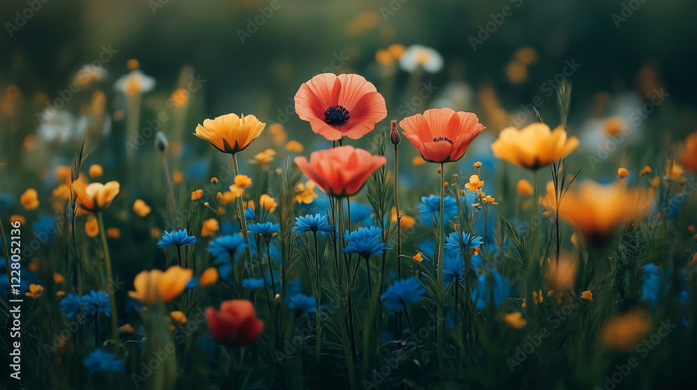 Obraz premium A vibrant field of wildflowers in full bloom, showcasing a colorful array of petals swaying gently in the breeze under a bright, clear sky