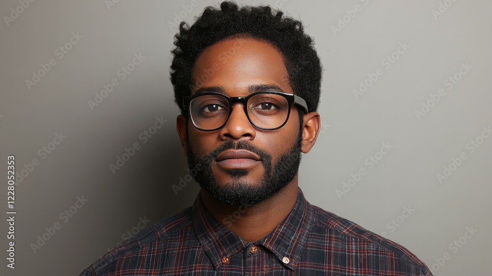 Obraz premium A man with curly hair and stylish glasses stands confidently in front of a neutral backdrop. He wears a plaid shirt and exhibits a calm, composed expression while being photographed
