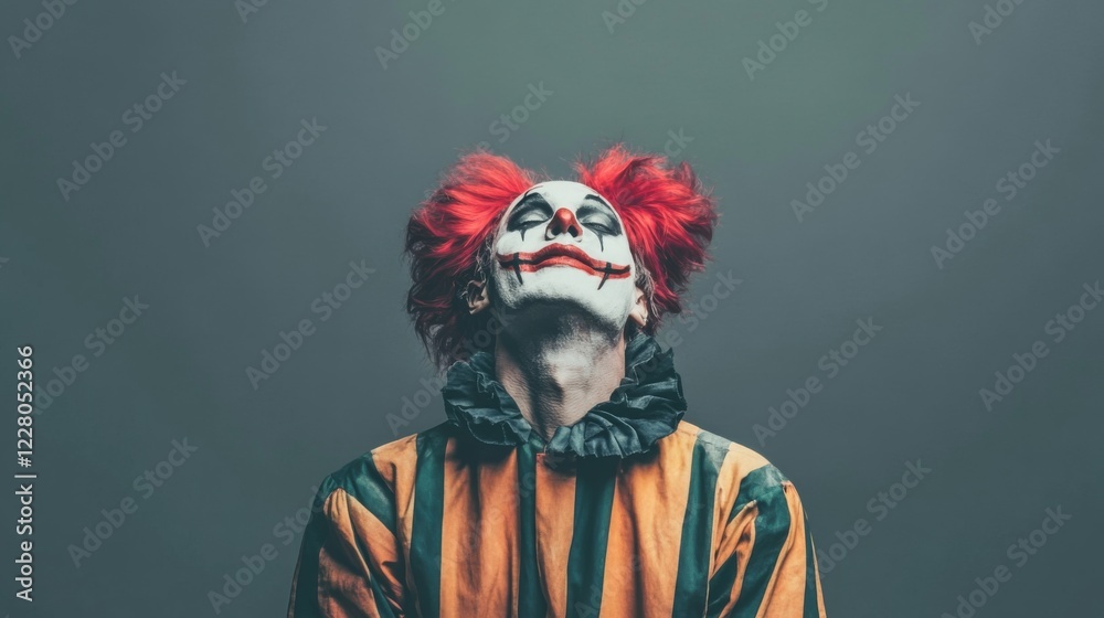 Fototapeta premium A creepy clown with red hair and white face paint looking upwards against a gray background.