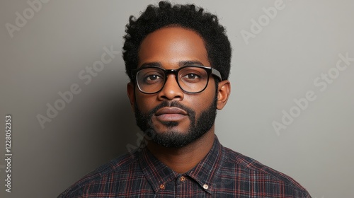 A man with curly hair and stylish glasses stands confidently in front of a neutral backdrop. He wears a plaid shirt and exhibits a calm, composed expression while being photographed