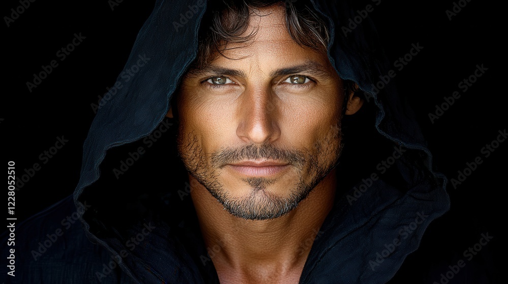 A confident man with chiseled features looks directly at the viewer while wearing a dark hoodie. The low light enhances his striking gaze and facial structure A confident man with chiseled features looks directly at the viewer while wearing a dark hoodie. The low light enhances his striking gaze and facial structure