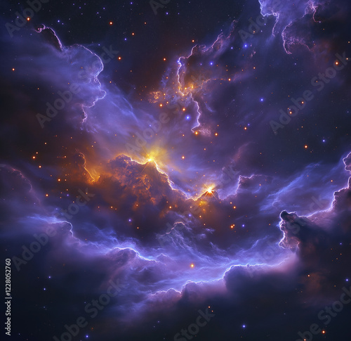 a nebula of purple and blue colors, glowing in the center with stars around it. 