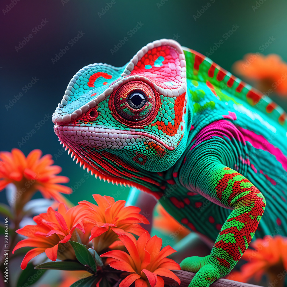 Obraz premium Chameleon Animal Nature Wild Green Orange Purple Red Yellow Green