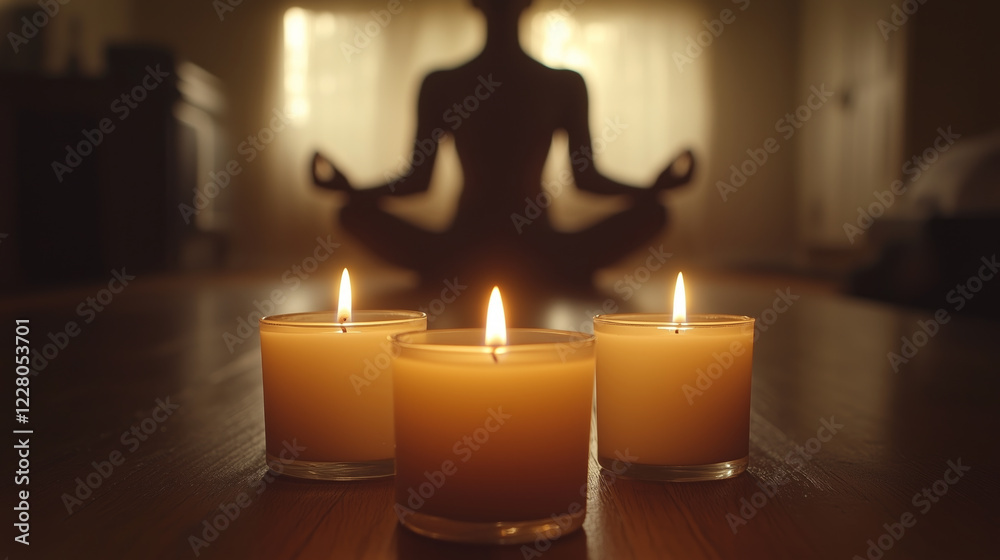 The silhouette of a yoga practitioner against the warm glow of candlelight. The soft lighting emphasizes an atmosphere of peace and mindfulness, perfect for evening meditation The silhouette of a yoga practitioner against the warm glow of candlelight. The soft lighting emphasizes an atmosphere of peace and mindfulness, perfect for evening meditation