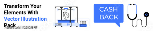 3D printer creating heart model, laboratory equipment, stethoscope, and cashback icon. Ideal for technology, healthcare, innovation, biomedicine, savings futuristic lab visuals flat landing page