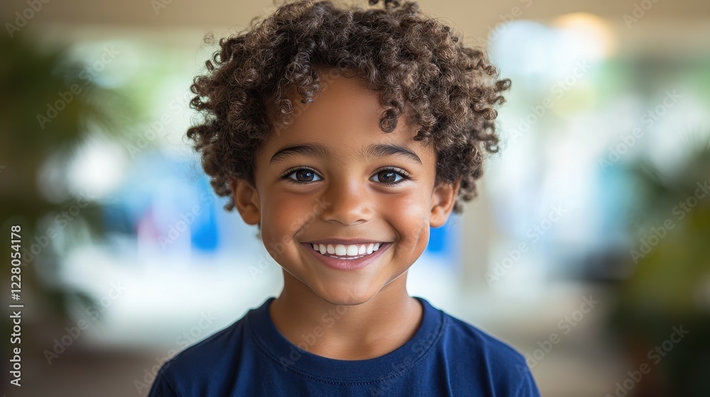 A cheerful young boy with curly hair displays a bright smile indoors, surrounded by soft lighting and a welcoming atmosphere. His playful energy is evident A cheerful young boy with curly hair displays a bright smile indoors, surrounded by soft lighting and a welcoming atmosphere. His playful energy is evident