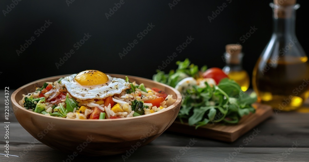 Un bol en bois contenant du riz avec des légumes et un œuf au plat, entouré de tomates, de salade et d'une bouteille d'huile d'olive, sur fond sombre, image avec espace pour texte. Un bol en bois contenant du riz avec des légumes et un œuf au plat, entouré de tomates, de salade et d'une bouteille d'huile d'olive, sur fond sombre, image avec espace pour texte.