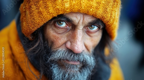 An elderly man with striking blue-green eyes stares intensely into the camera. His bright orange knitted hat contrasts with his weathered face, revealing a life full of stories