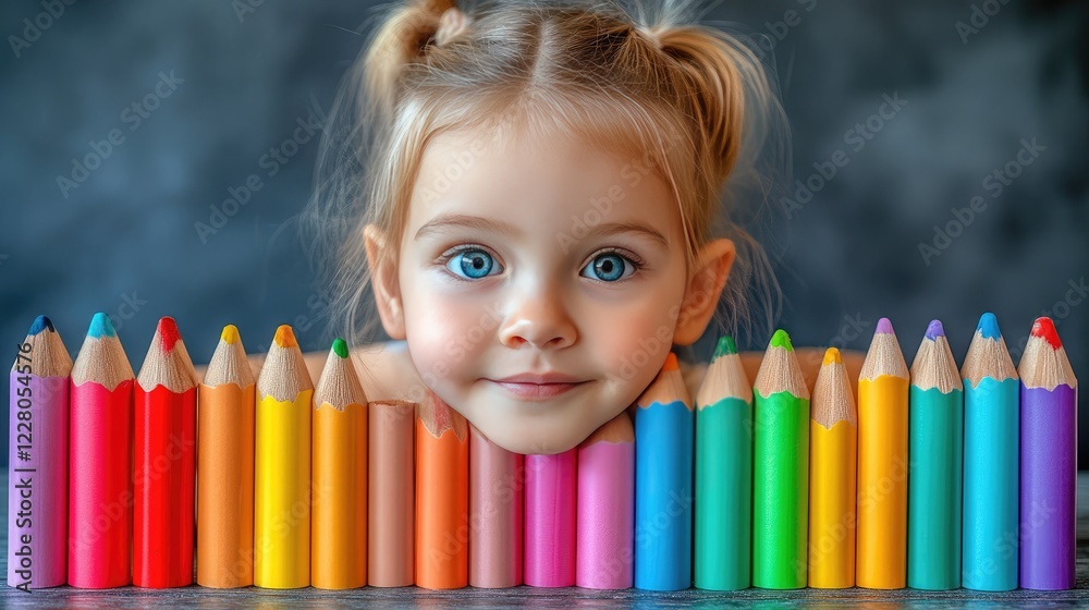Child Smiling Behind Colorful Pencils: Creative Playtime and Artistic Expression Child Smiling Behind Colorful Pencils: Creative Playtime and Artistic Expression