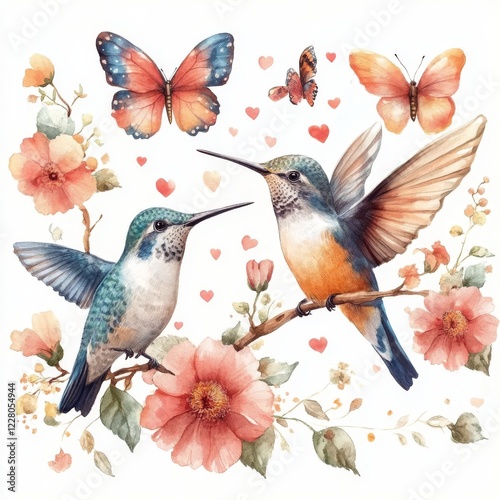 Wallpaper Mural Beautiful watercolor illustration with cute hummingbirds and flowers on a white background Torontodigital.ca
