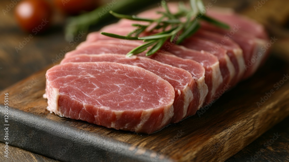 Close-up of sliced raw pork tenderloin on a wooden cutting board, garnished with fresh rosemary. Close-up of sliced raw pork tenderloin on a wooden cutting board, garnished with fresh rosemary.