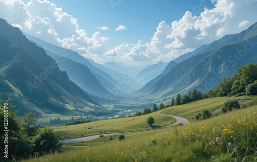 Serene Mountain Valley: A Pastoral Landscape in Sunlight photo