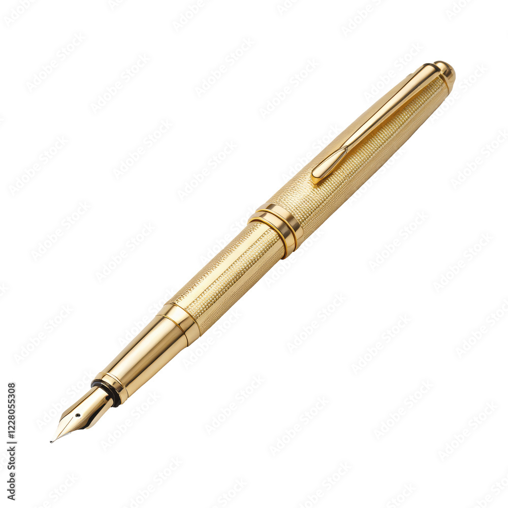 A gold fountain pen with a textured barrel and a classic design. Perfect for elegant writing. Isolated on a transparent background, PNG. Generative Ai. A gold fountain pen with a textured barrel and a classic design. Perfect for elegant writing. Isolated on a transparent background, PNG. Generative Ai.