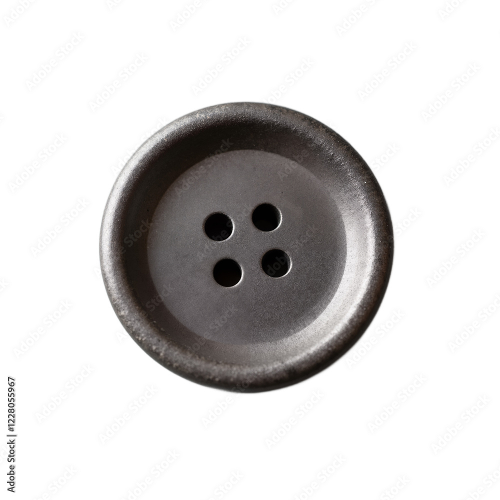 Stylish clasper button with four holes in a round shape on a white background showcasing its detailed texture and design features Stylish clasper button with four holes in a round shape on a white background showcasing its detailed texture and design features