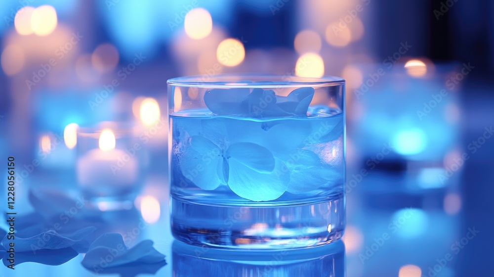 Serene Blue Candlelit Evening with Floating Petals in Glass Vase Serene Blue Candlelit Evening with Floating Petals in Glass Vase