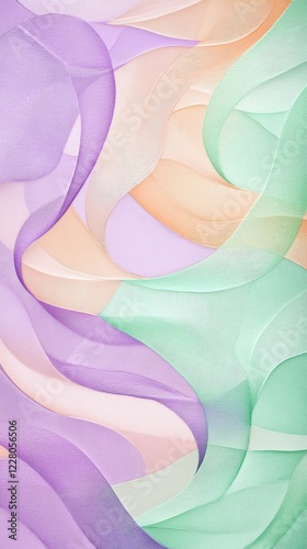 Soft pastel waves of lavender, peach, and mint intertwining in a delicate and airy abstract design
