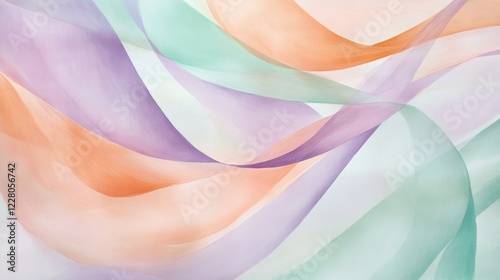 Soft pastel waves of lavender, peach, and mint intertwining in a delicate and airy abstract design
