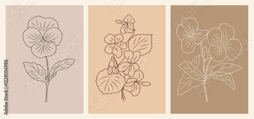 One Line Drawing Violet Flowers Print Set. February birth month flowers outline vector sketch on terracotta backgrounds