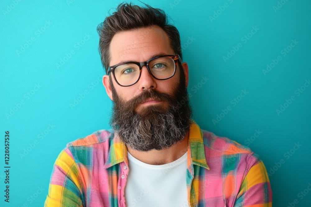 Bearded man in colorful plaid shirt poses thoughtfully against a bright turquoise background during a creative art session