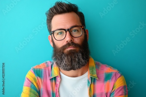 Obraz na płótnie Bearded man in colorful plaid shirt poses thoughtfully against a bright turquoise background during a creative art session w salonie