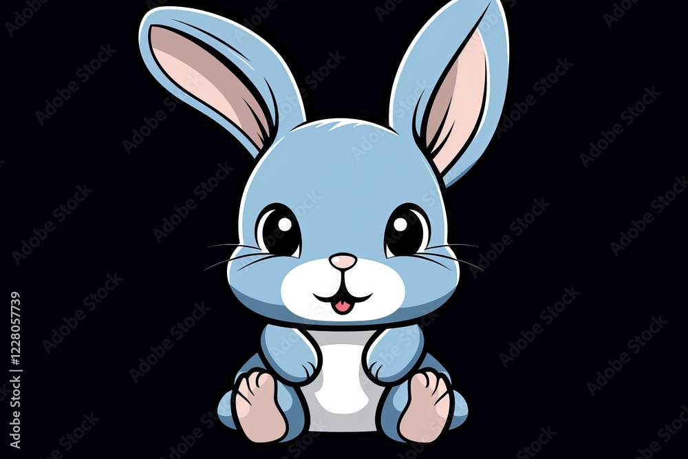 Fototapeta premium Simple cartoon bunny with gray outline and white spots on baby blue background with shading