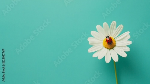 Natures Tranquility Vibrant Ladybug on Daisy with Turquoise Backdrop - Premium Stock for Wellness and Eco-Friendly Marketing Content photo