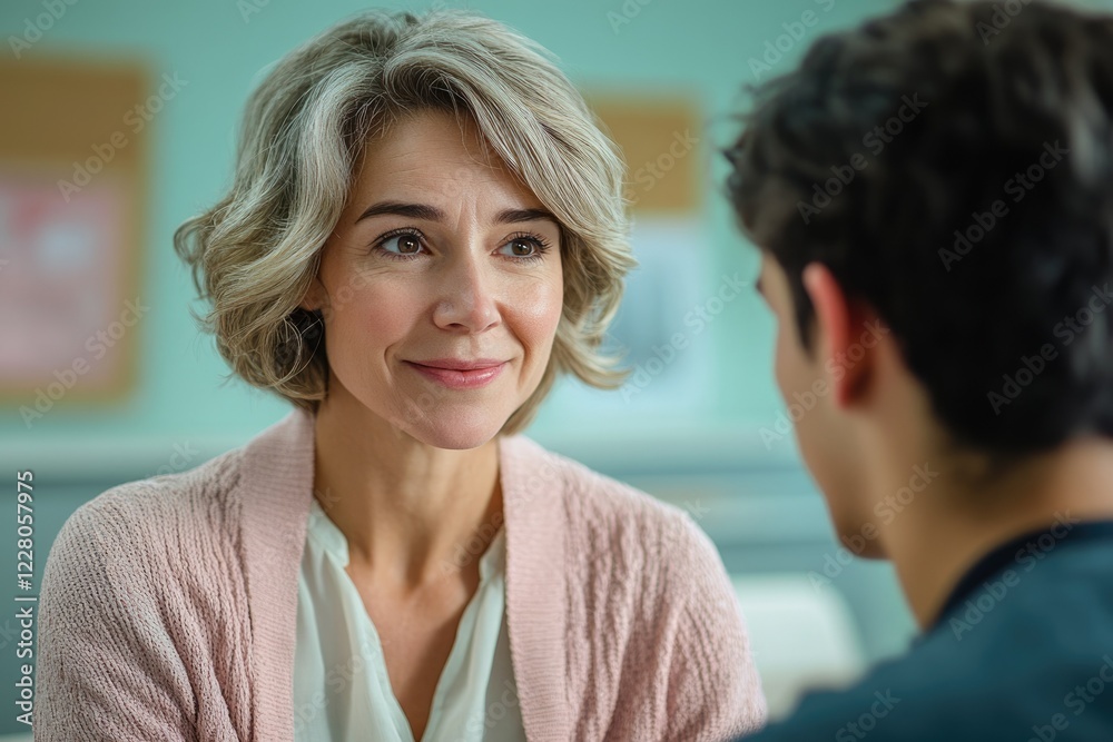 A mature woman with short, wavy gray hair listens attentively to a young man, exhibiting a warm and engaging demeanor.