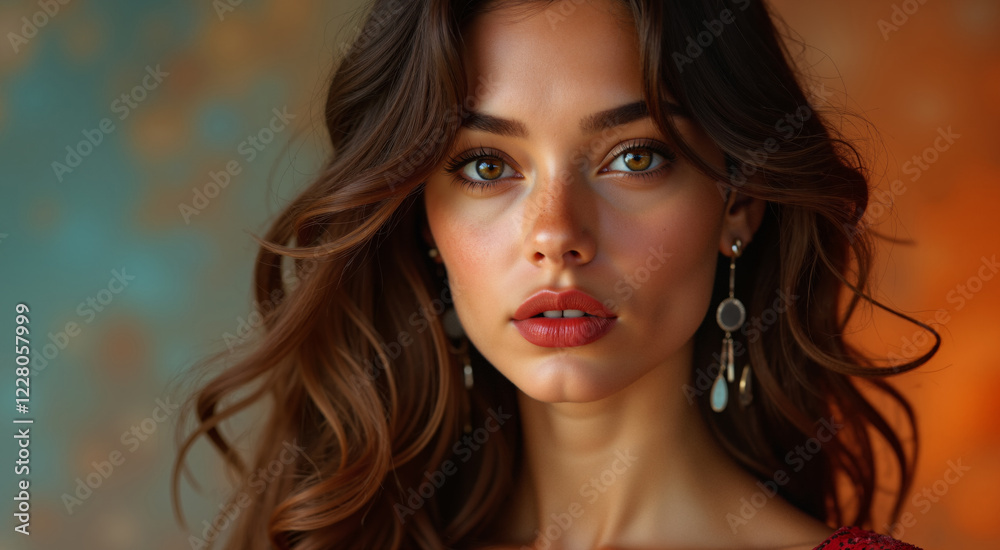 Fototapeta premium Portrait of a beautiful young woman with freckles. Her gaze is captivating, drawing the viewer in with an air of confidence and mystery.