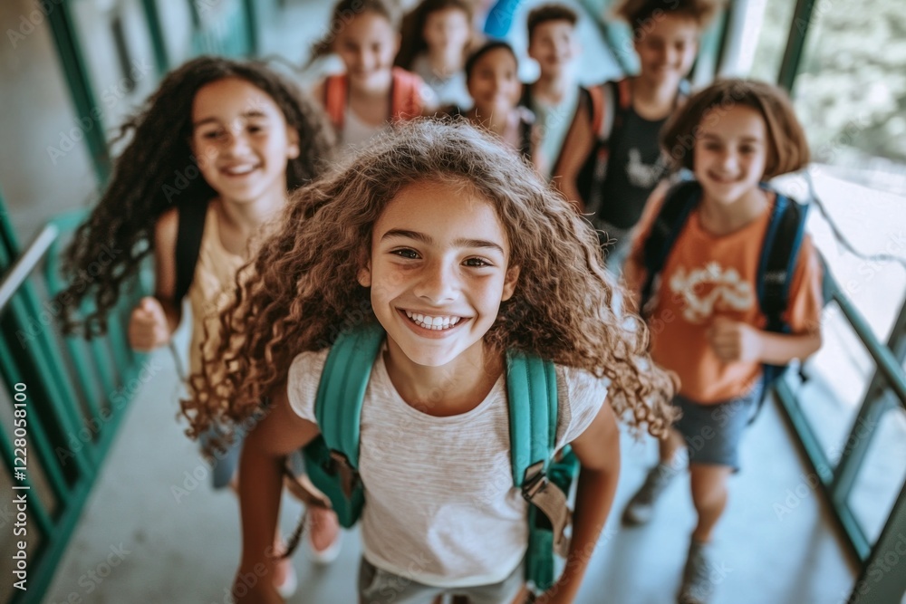 Enthusiastic children, each carrying their colorful backpacks, excitedly stroll through a bustling school corridor in the morning
