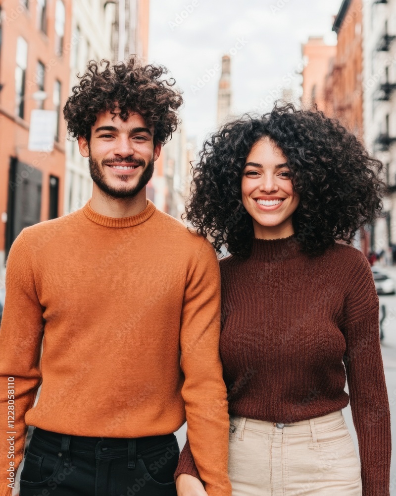 Fototapeta premium Urban Joyful Duo Stylish Knitwear Couple on Bustling City Street - Trendy Fashion Content and Vibrant Cultural Marketing for Modern Lifestyle Engagement
