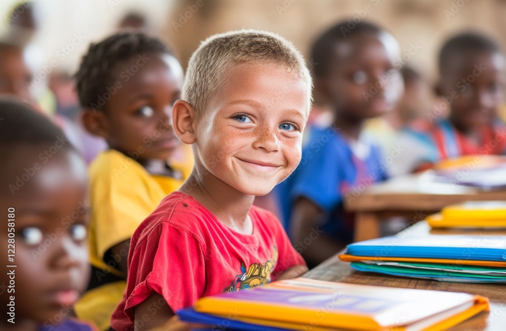 Smiling boy in red shirt surrounded by classmates in classroom during a sunny day in an urban school setting