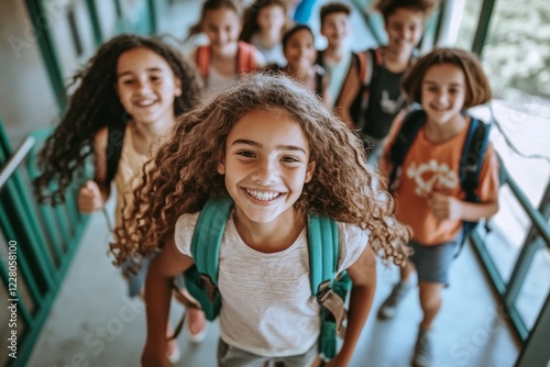 Enthusiastic children, each carrying their colorful backpacks, excitedly stroll through a bustling school corridor in the morning