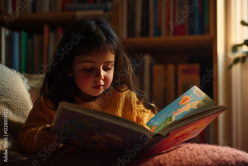 Young child reading a colorful storybook in a cozy, softly lit living room during the evening hours