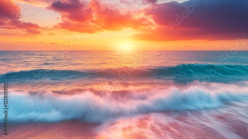 Vibrant sunset waves blending orange, magenta, and turquoise in a dreamy, fluid motion 