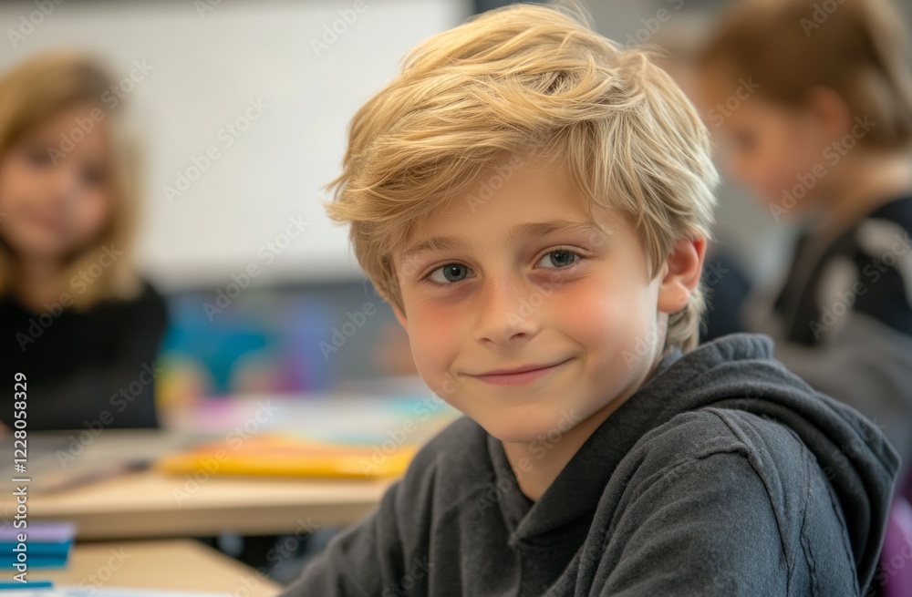 Smiling boy engaged in classroom activities with classmates during a bright morning in a school setting