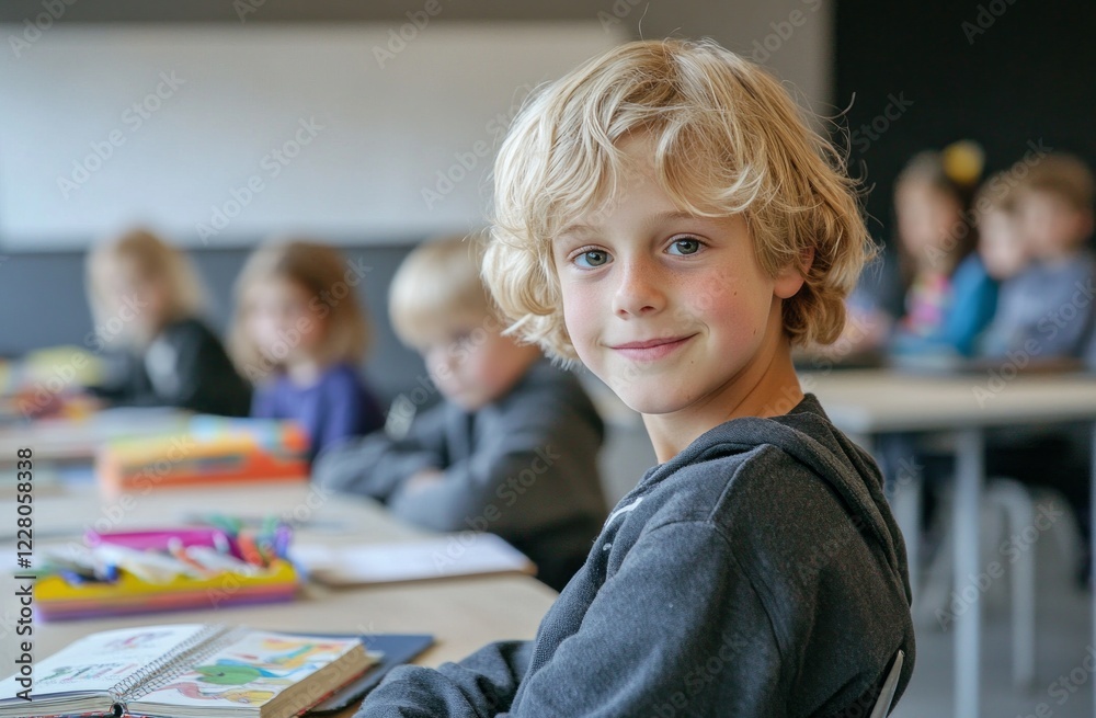 Young student smiles confidently while seated in a bright classroom during an engaging learning activity with classmates