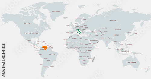 Highlighted World Map Featuring Venezuela and Italy Locations Marked