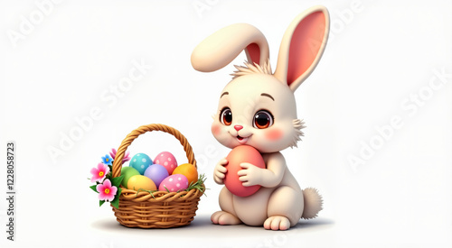 Cute Easter bunny holding an egg next to a basket of colorful eggs. Adorable illustration perfect for Easter and spring themes. photo