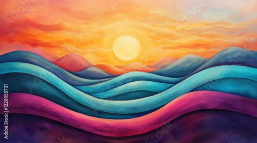 Vibrant sunset waves blending orange, magenta, and turquoise in a dreamy, fluid motion 